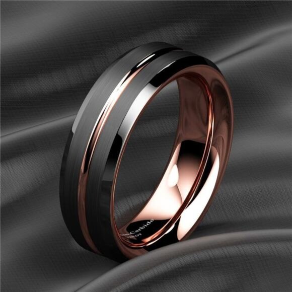 Tungsten Wedding Bands for Women 6mm Black Brushed Rose Gold Rings for Her - Picture 2 of 7